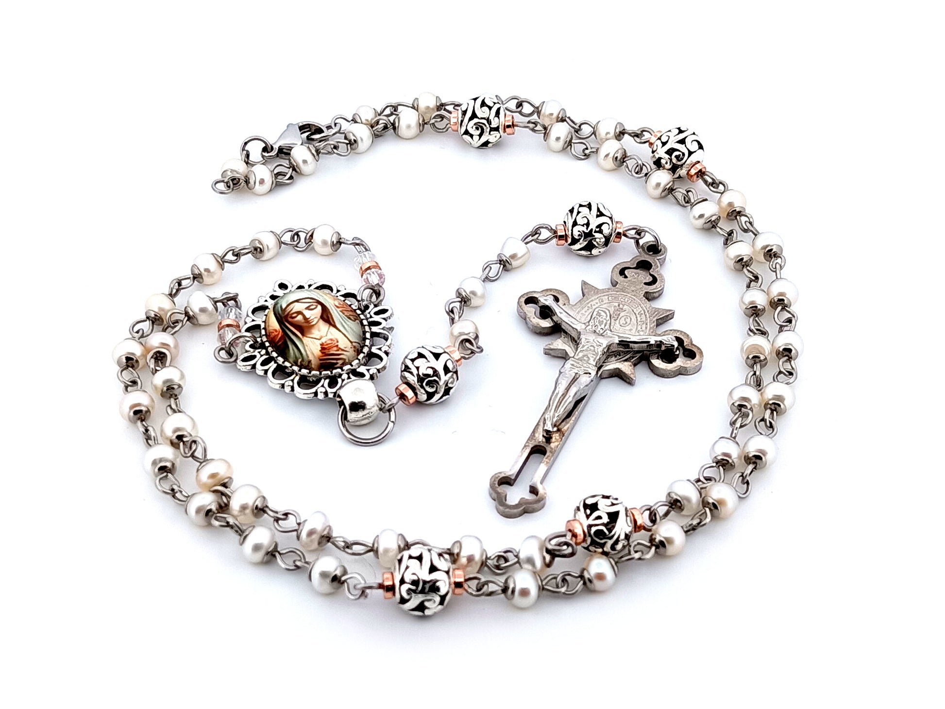 Virgin Mary unique rosary beads freshwater pearl and silver lattice rosary with Saint Benedict crucifix.