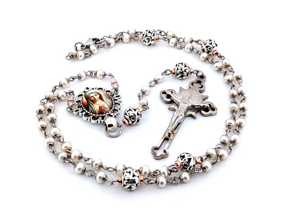 Virgin Mary unique rosary beads freshwater pearl and silver lattice rosary with Saint Benedict crucifix.