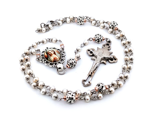 Virgin Mary unique rosary beads freshwater pearl and silver lattice rosary with Saint Benedict crucifix.