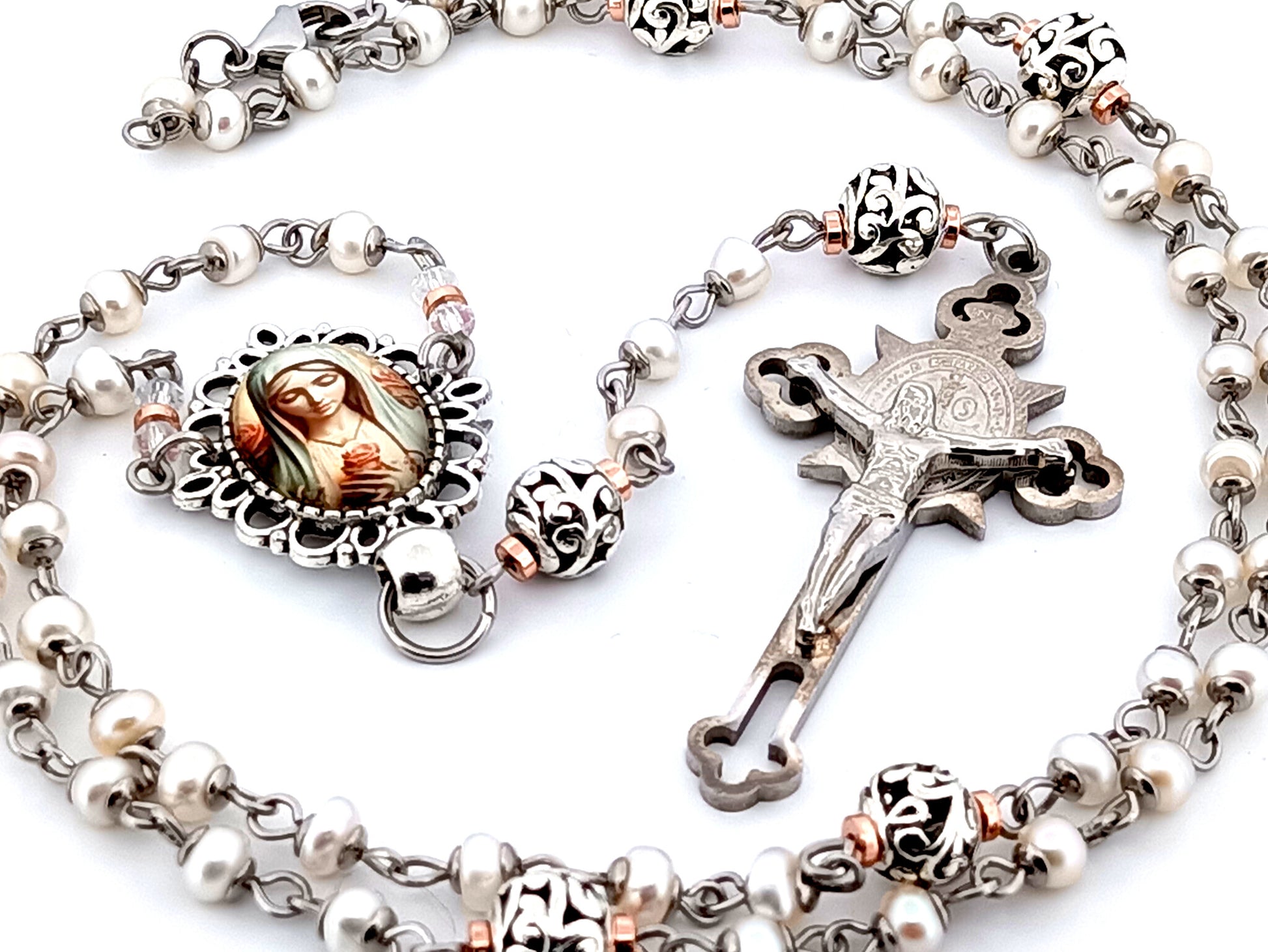 Virgin Mary unique rosary beads freshwater pearl and silver lattice rosary with Saint Benedict crucifix.