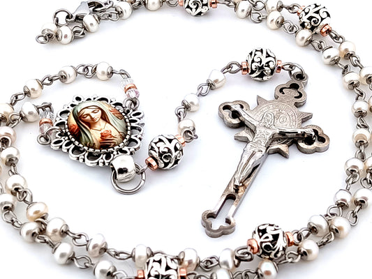 Virgin Mary unique rosary beads freshwater pearl and silver lattice rosary with Saint Benedict crucifix.