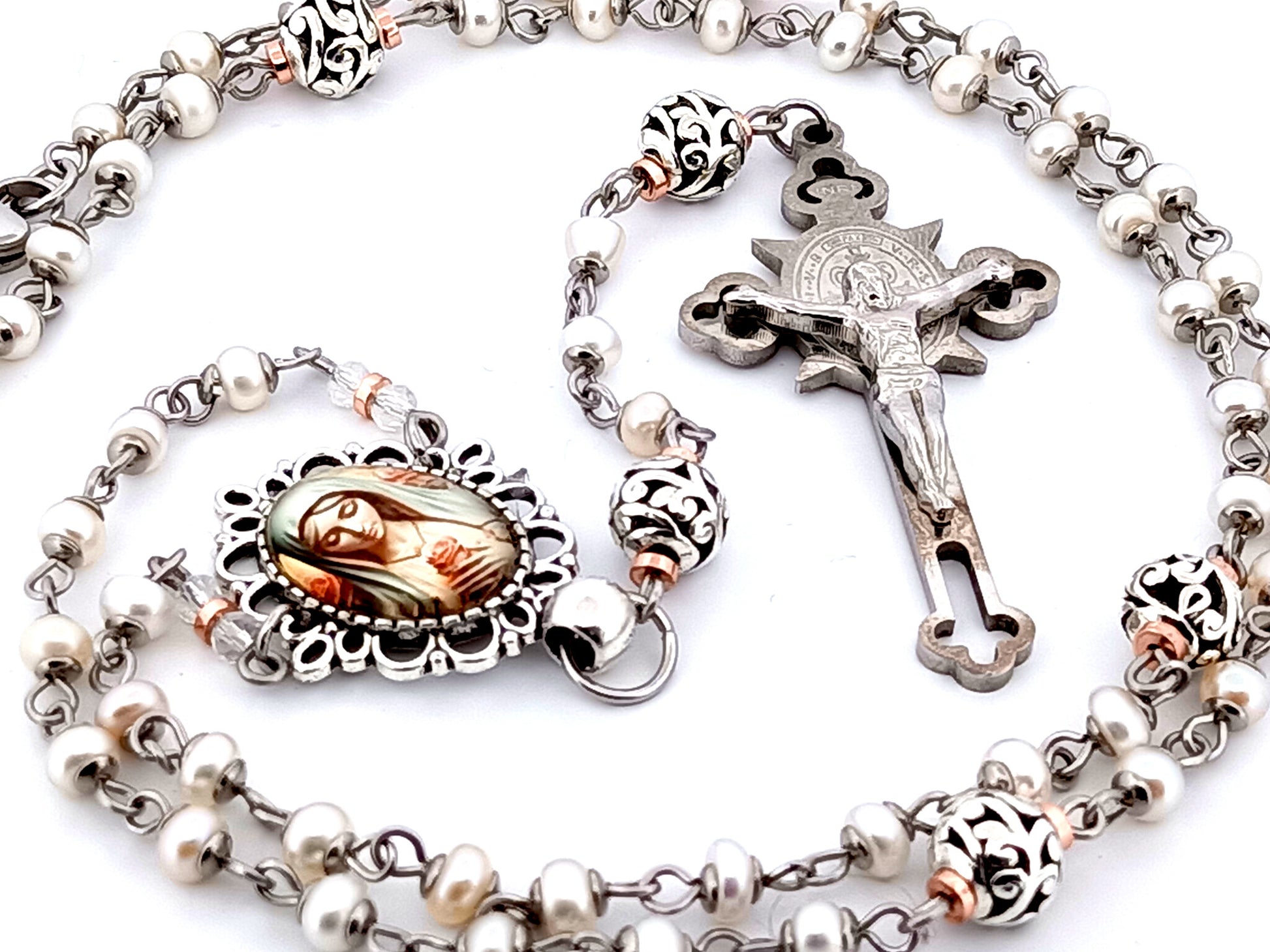 Virgin Mary unique rosary beads freshwater pearl and silver lattice rosary with Saint Benedict crucifix.