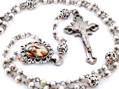 Virgin Mary unique rosary beads freshwater pearl and silver lattice rosary with Saint Benedict crucifix.