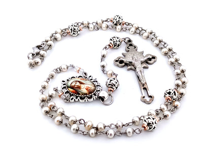 Virgin Mary unique rosary beads freshwater pearl and silver lattice rosary with Saint Benedict crucifix.