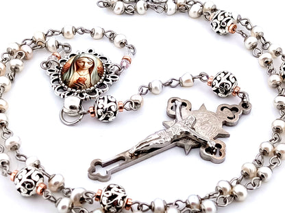 Virgin Mary unique rosary beads freshwater pearl and silver lattice rosary with Saint Benedict crucifix.