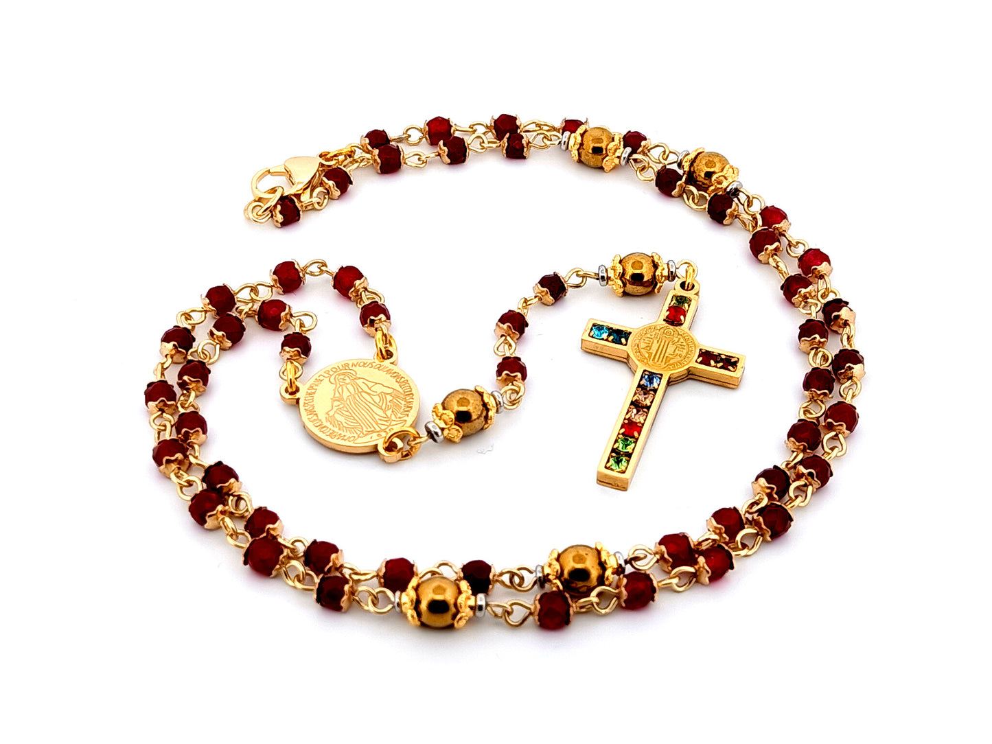 Miraculous Medal unique rosary beads garnet gemstone and gold plated hematite rosary with gold plated cubic zirconia crucifix.