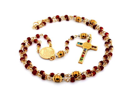 Miraculous Medal unique rosary beads garnet gemstone and gold plated hematite rosary with gold plated cubic zirconia crucifix.