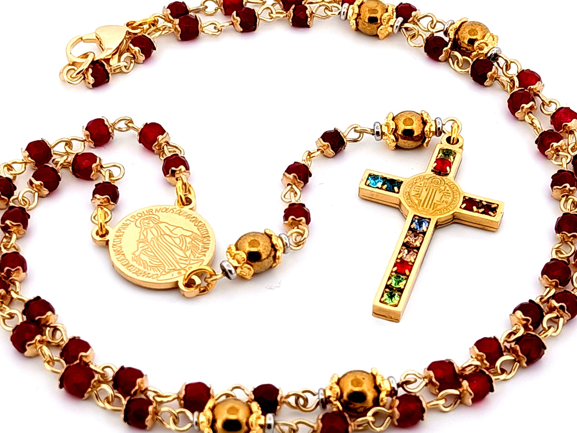Miraculous Medal unique rosary beads garnet gemstone and gold plated hematite rosary with gold plated cubic zirconia crucifix.