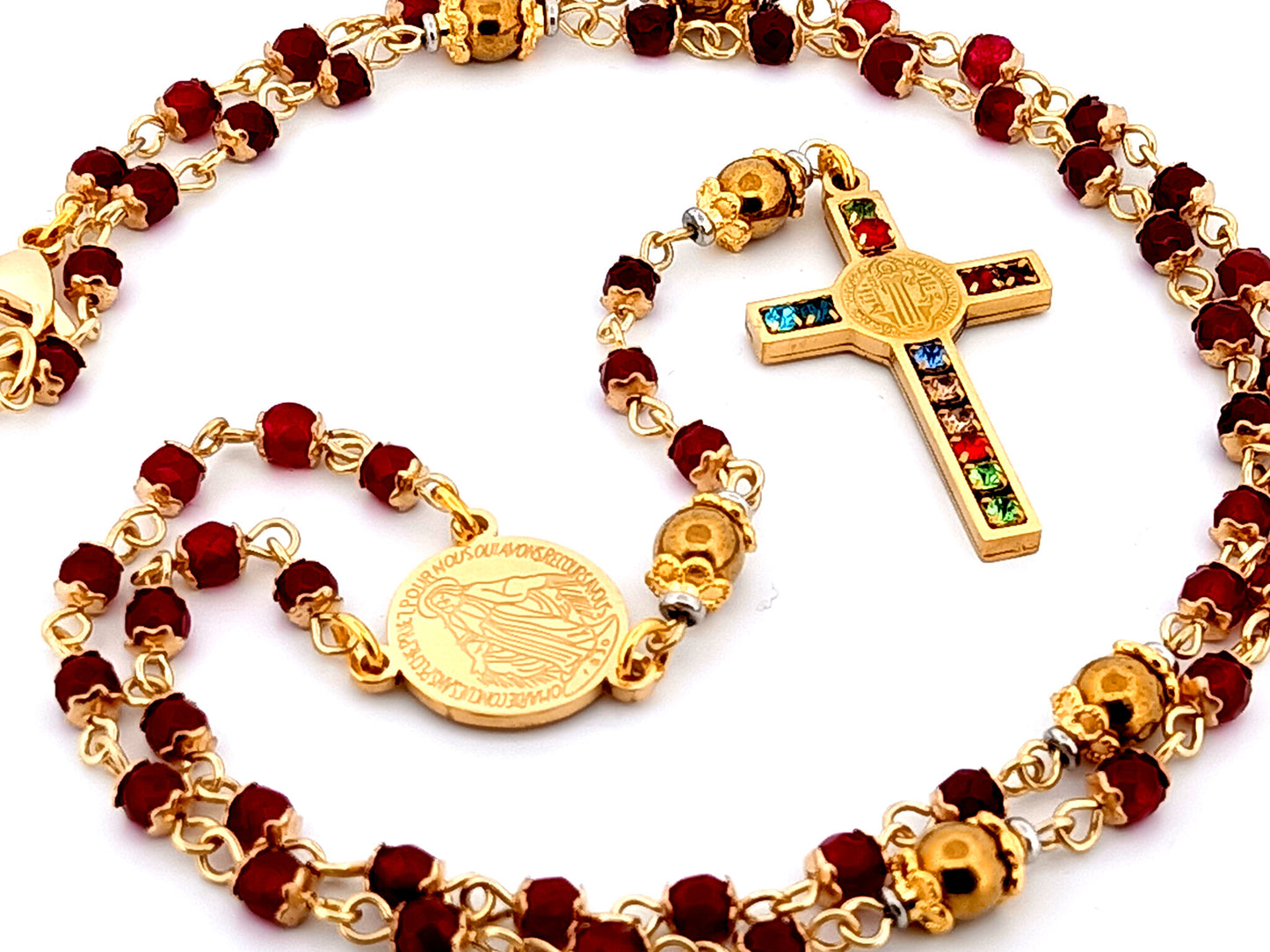 Miraculous Medal unique rosary beads garnet gemstone and gold plated hematite rosary with gold plated cubic zirconia crucifix.