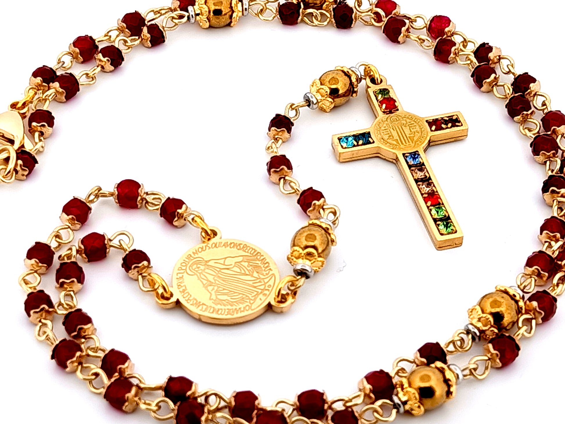 Miraculous Medal unique rosary beads garnet gemstone and gold plated hematite rosary with gold plated cubic zirconia crucifix.