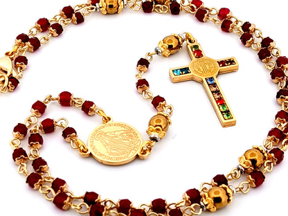 Miraculous Medal unique rosary beads garnet gemstone and gold plated hematite rosary with gold plated cubic zirconia crucifix.