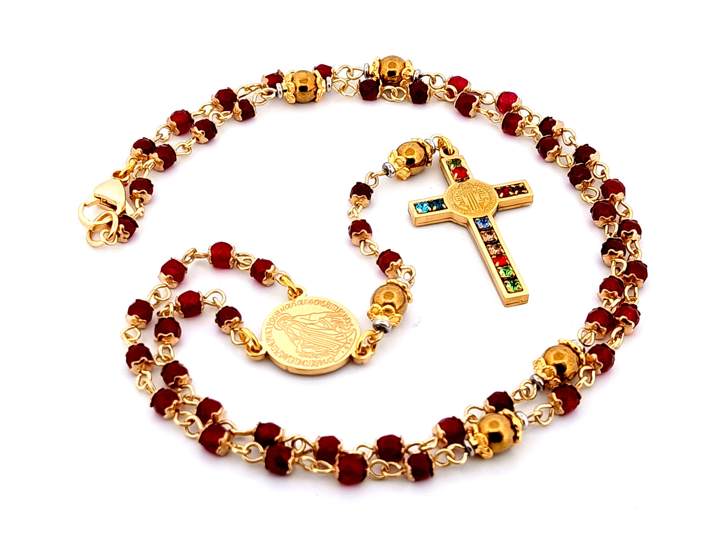 Miraculous Medal unique rosary beads garnet gemstone and gold plated hematite rosary with gold plated cubic zirconia crucifix.