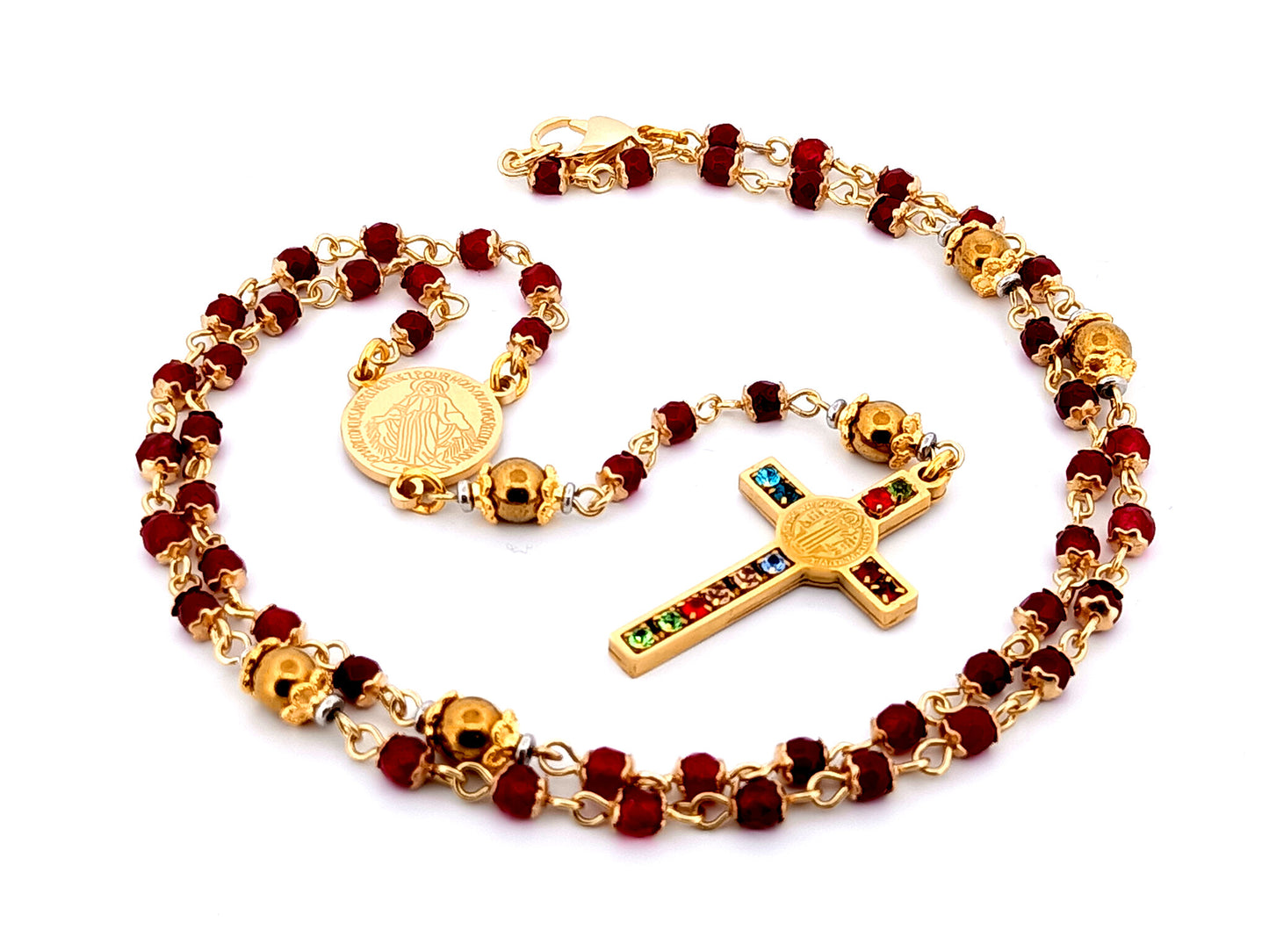 Miraculous Medal unique rosary beads garnet gemstone and gold plated hematite rosary with gold plated cubic zirconia crucifix.