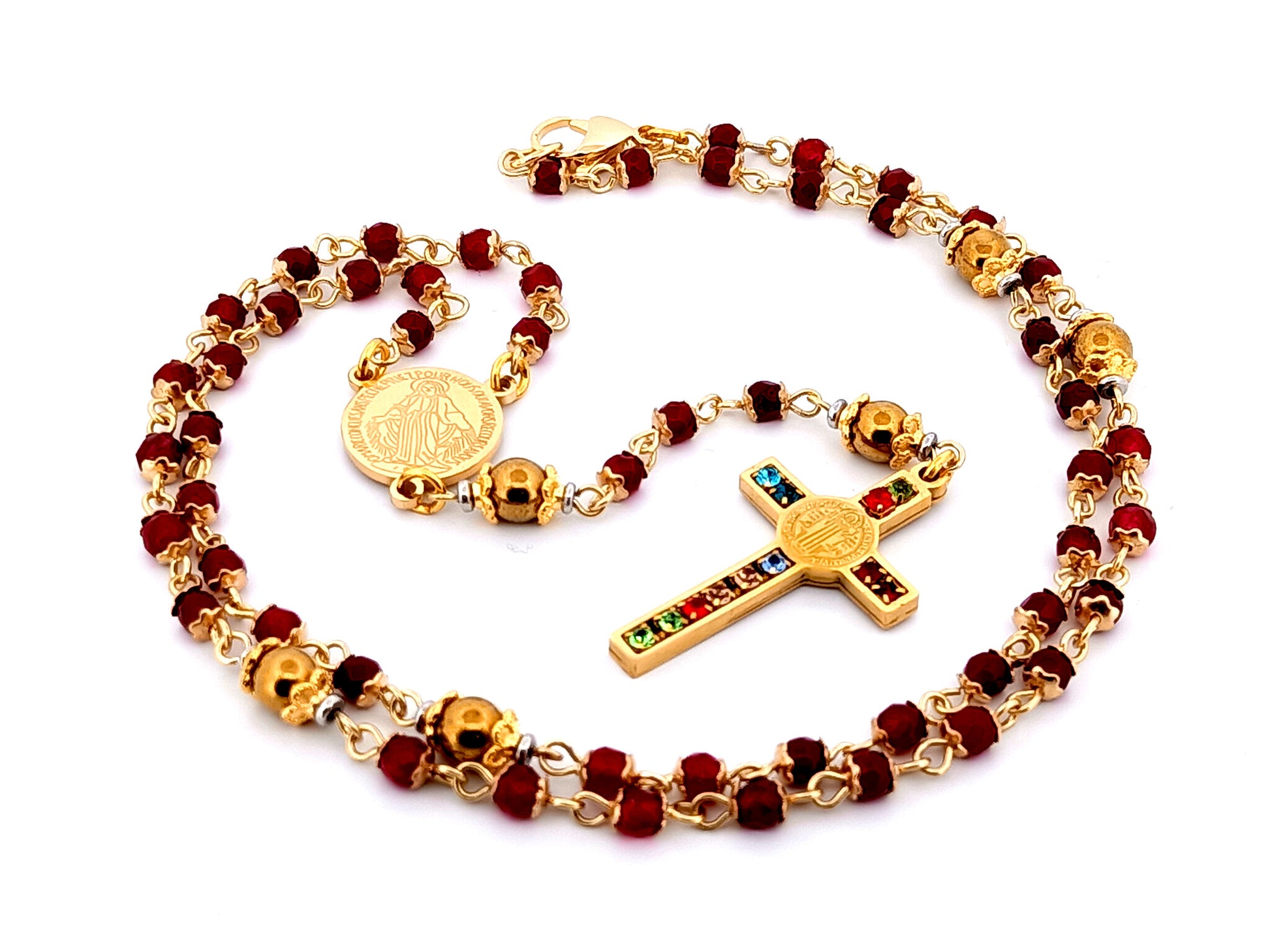 Miraculous Medal unique rosary beads garnet gemstone and gold plated hematite rosary with gold plated cubic zirconia crucifix.