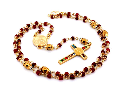 Miraculous Medal unique rosary beads garnet gemstone and gold plated hematite rosary with gold plated cubic zirconia crucifix.