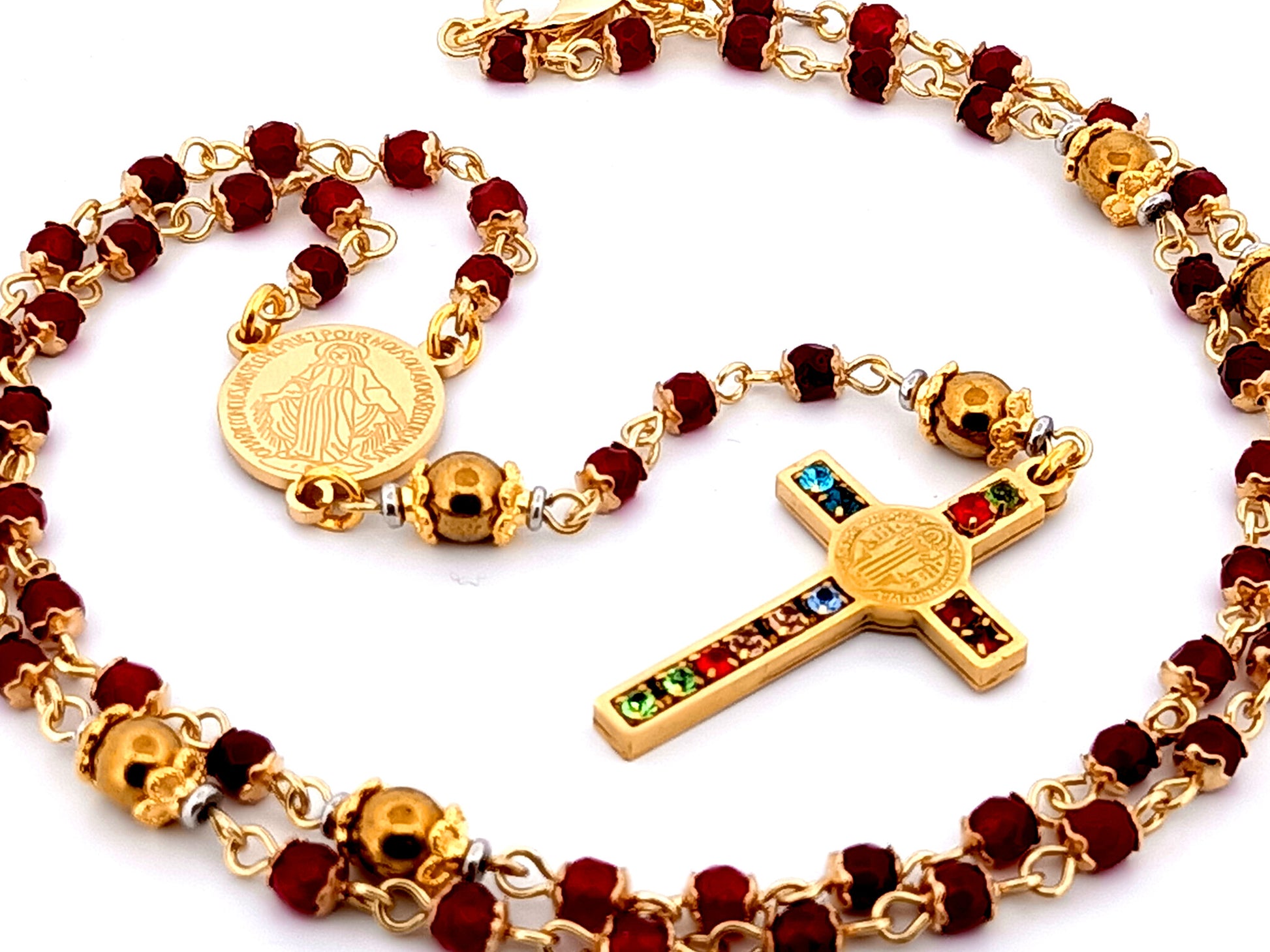 Miraculous Medal unique rosary beads garnet gemstone and gold plated hematite rosary with gold plated cubic zirconia crucifix.