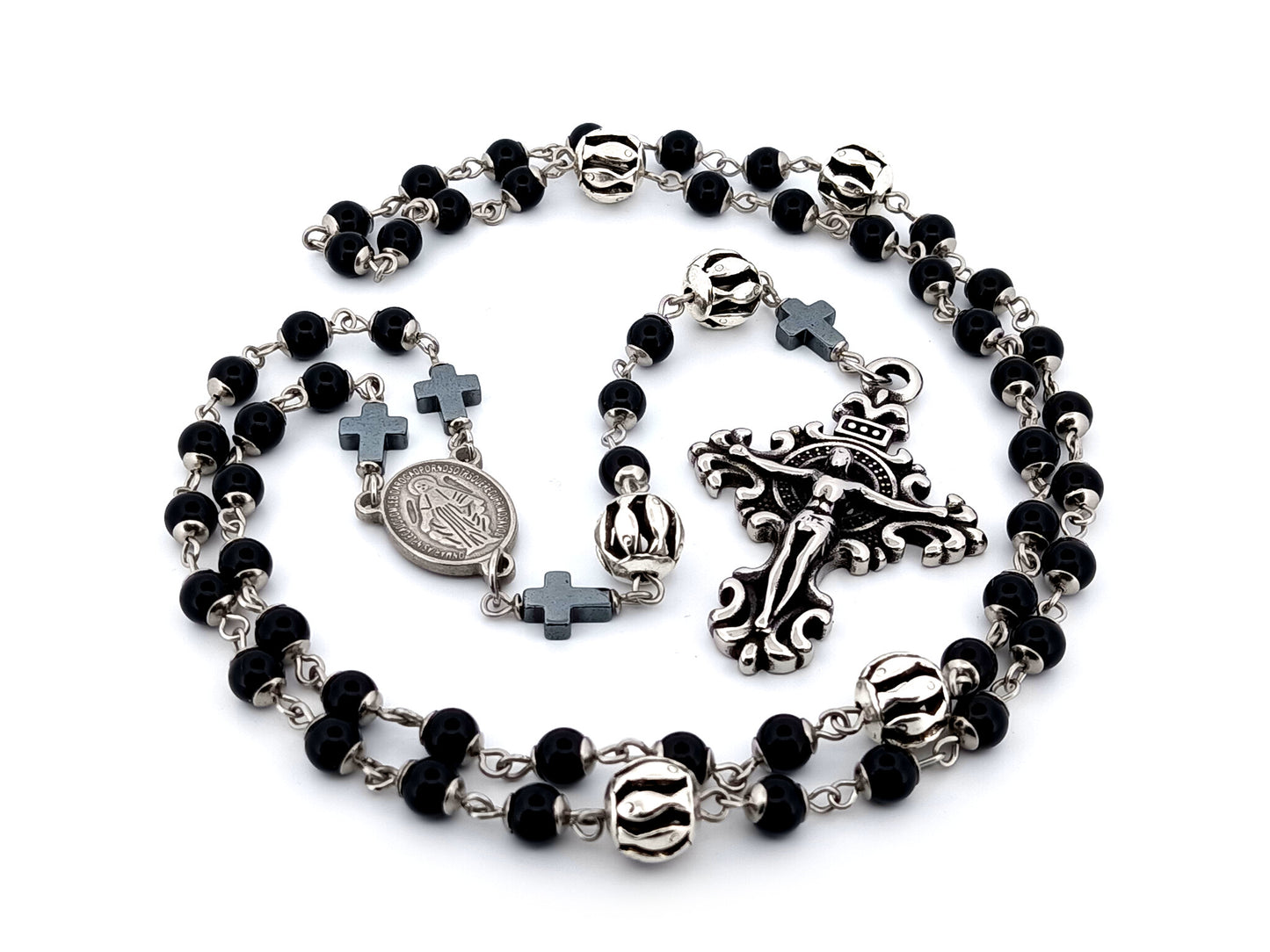 Miraculous Medal unique rosary beads onyx gemstone and silver rosary with filigree stainless steel crucifix.