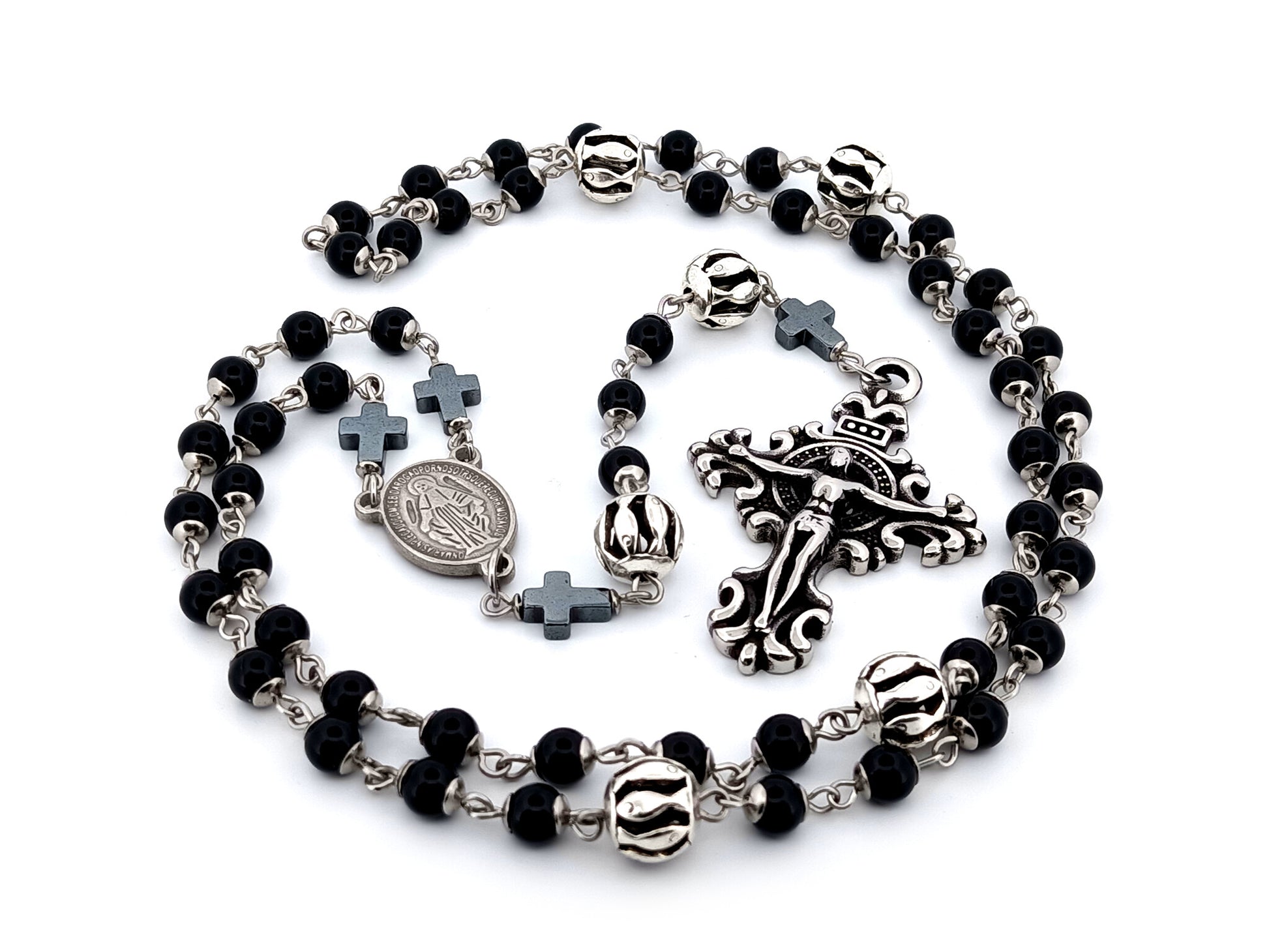 Miraculous Medal unique rosary beads onyx gemstone and silver rosary with filigree stainless steel crucifix.