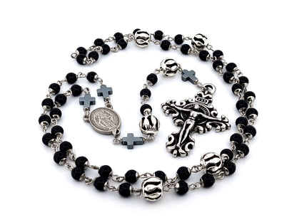 Miraculous Medal unique rosary beads onyx gemstone and silver rosary with filigree stainless steel crucifix.