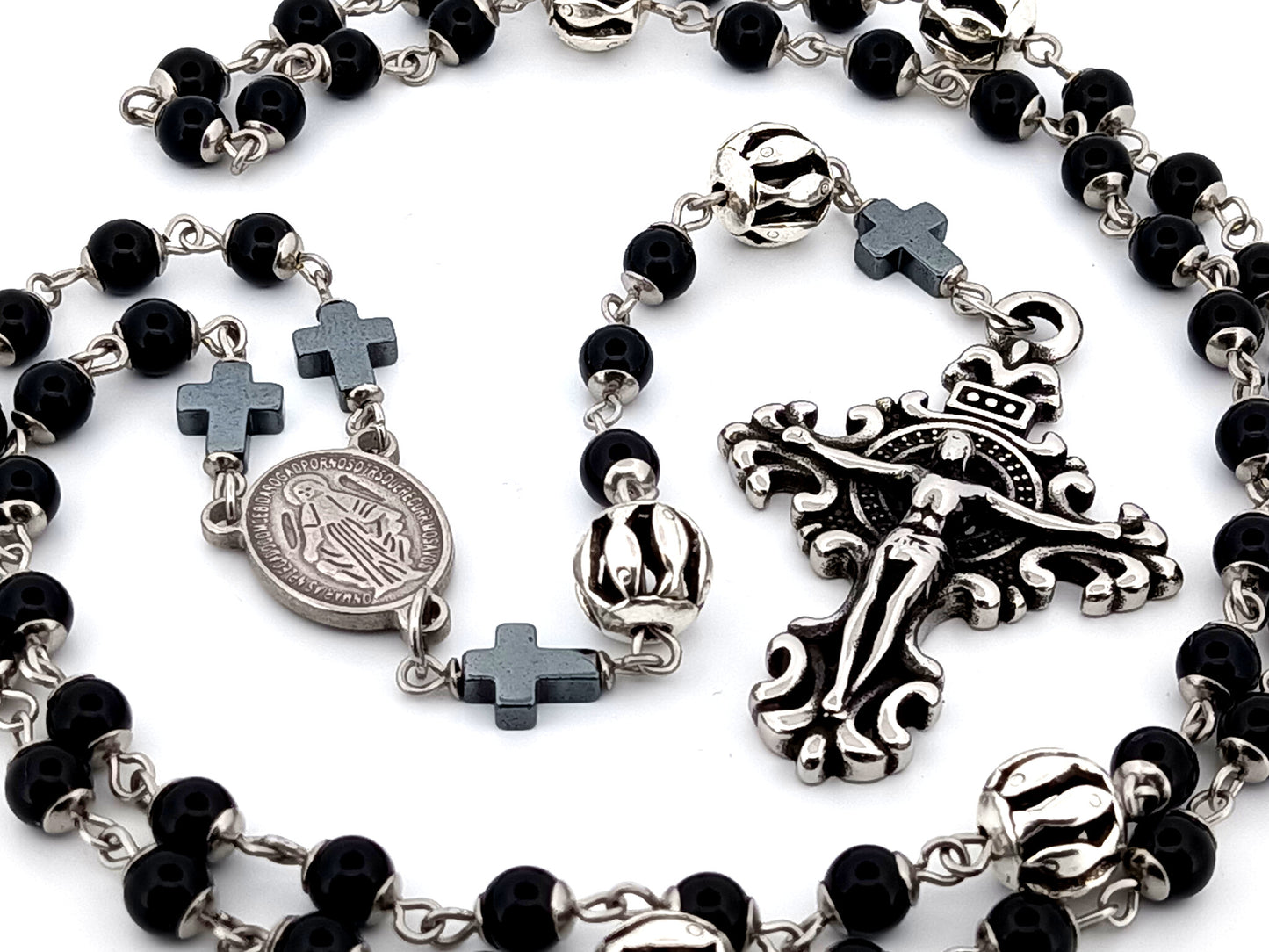 Miraculous Medal unique rosary beads onyx gemstone and silver rosary with filigree stainless steel crucifix.