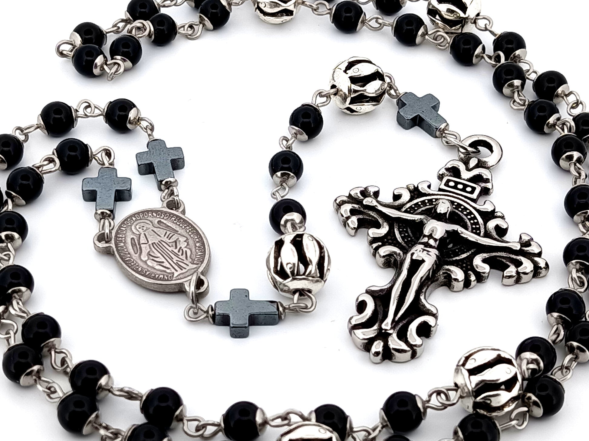 Miraculous Medal unique rosary beads onyx gemstone and silver rosary with filigree stainless steel crucifix.