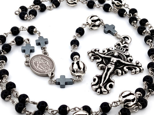 Miraculous Medal unique rosary beads onyx gemstone and silver rosary with filigree stainless steel crucifix.
