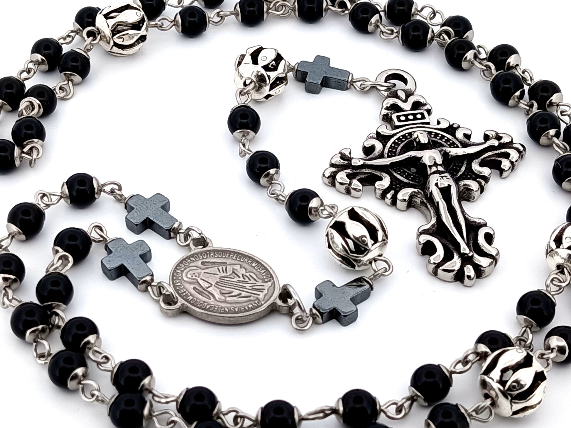 Miraculous Medal unique rosary beads onyx gemstone and silver rosary with filigree stainless steel crucifix.