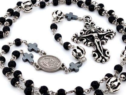 Miraculous Medal unique rosary beads onyx gemstone and silver rosary with filigree stainless steel crucifix.