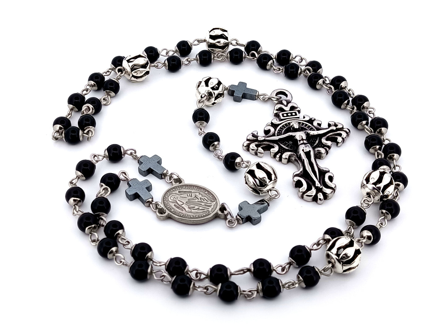 Miraculous Medal unique rosary beads onyx gemstone and silver rosary with filigree stainless steel crucifix.