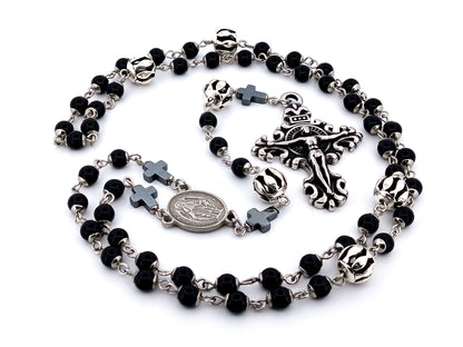 Miraculous Medal unique rosary beads onyx gemstone and silver rosary with filigree stainless steel crucifix.