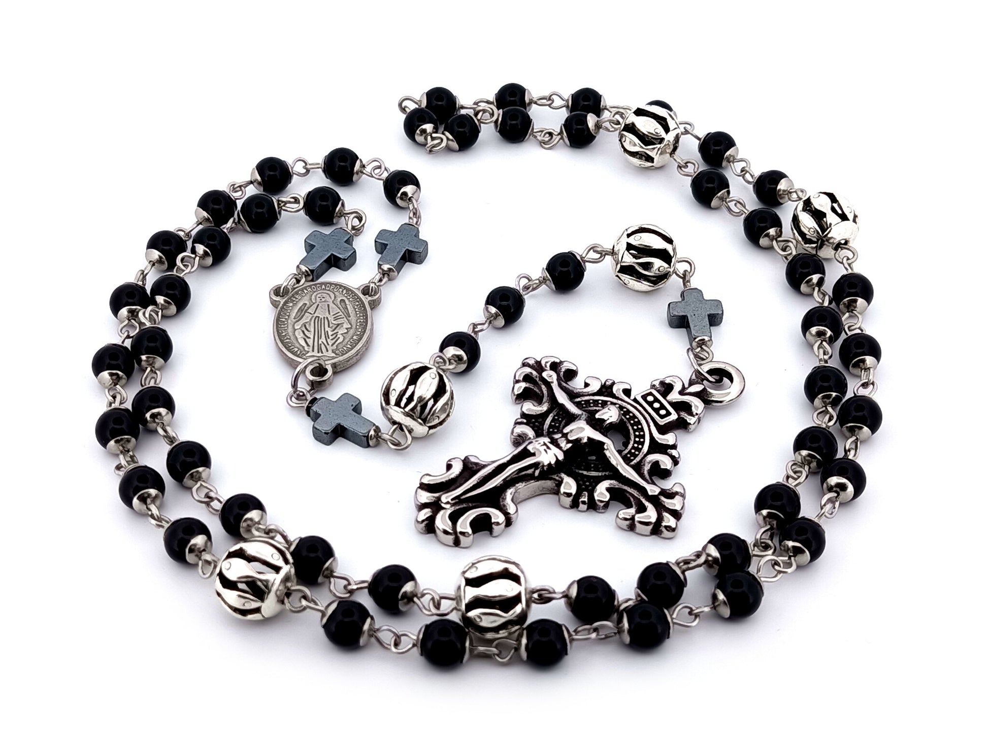 Miraculous Medal unique rosary beads onyx gemstone and silver rosary with filigree stainless steel crucifix.