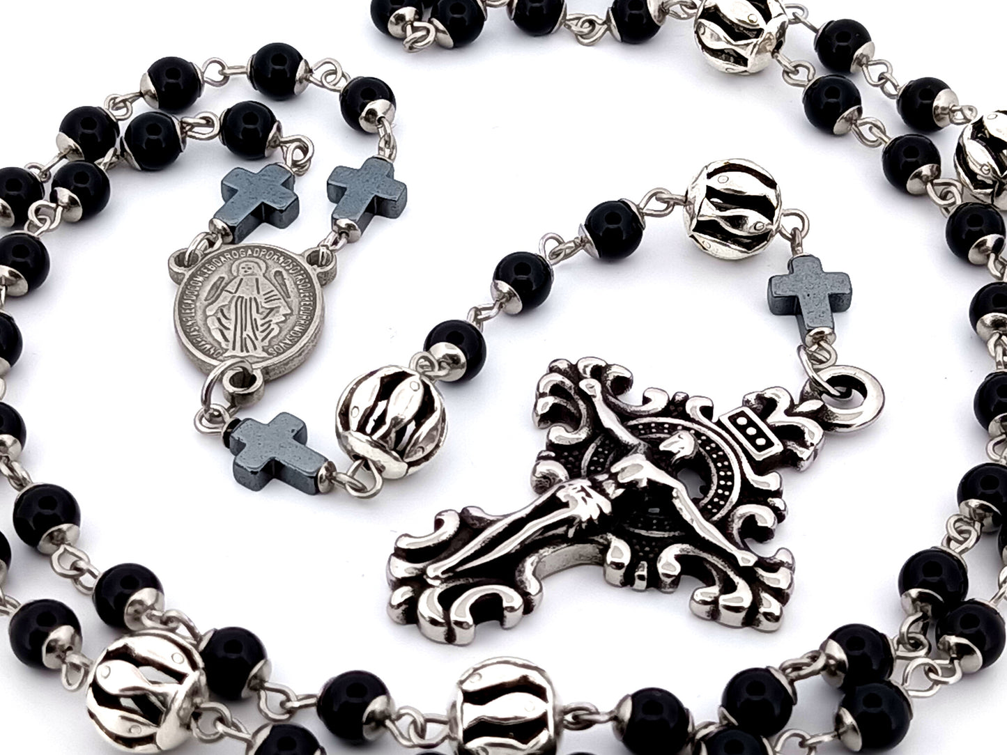 Miraculous Medal unique rosary beads onyx gemstone and silver rosary with filigree stainless steel crucifix.