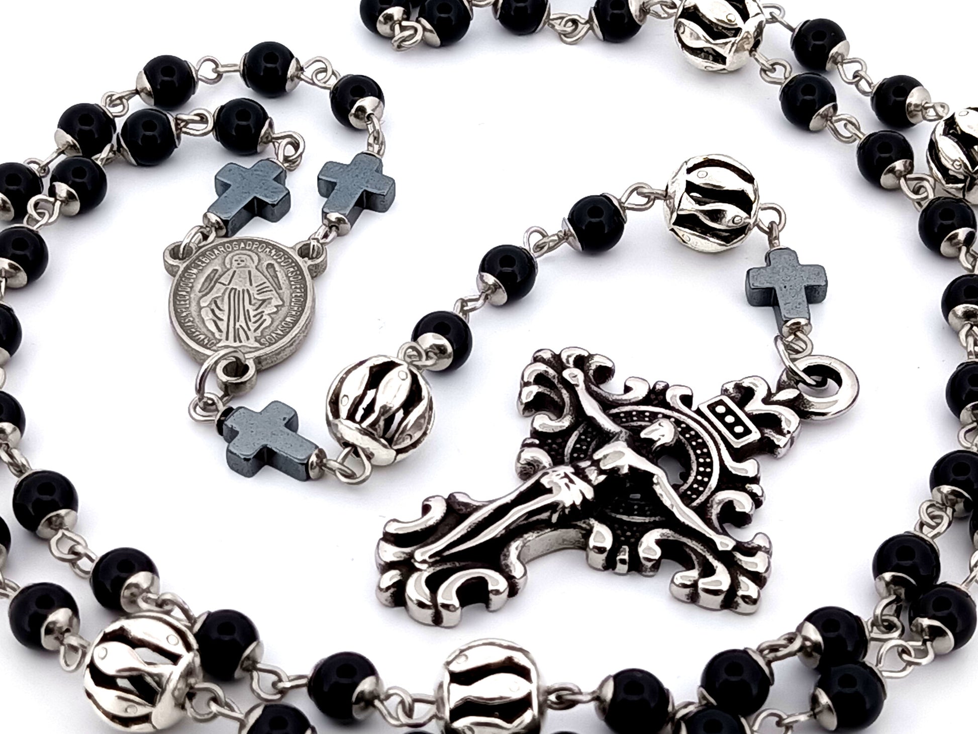 Miraculous Medal unique rosary beads onyx gemstone and silver rosary with filigree stainless steel crucifix.