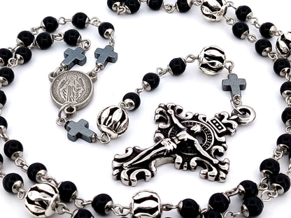 Miraculous Medal unique rosary beads onyx gemstone and silver rosary with filigree stainless steel crucifix.