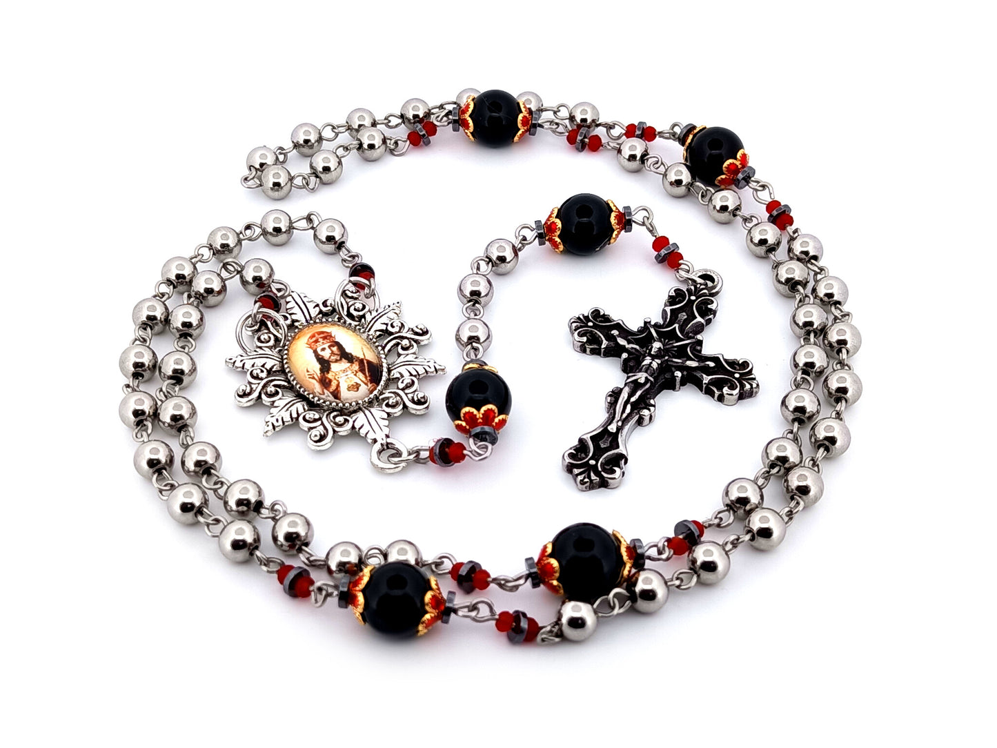 Christ The King unique rosary beads stainless steel and onyx gemstone rosary with stainless steel filigree crucifix.