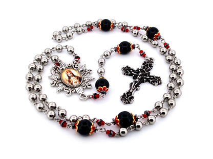 Christ The King unique rosary beads stainless steel and onyx gemstone rosary with stainless steel filigree crucifix.