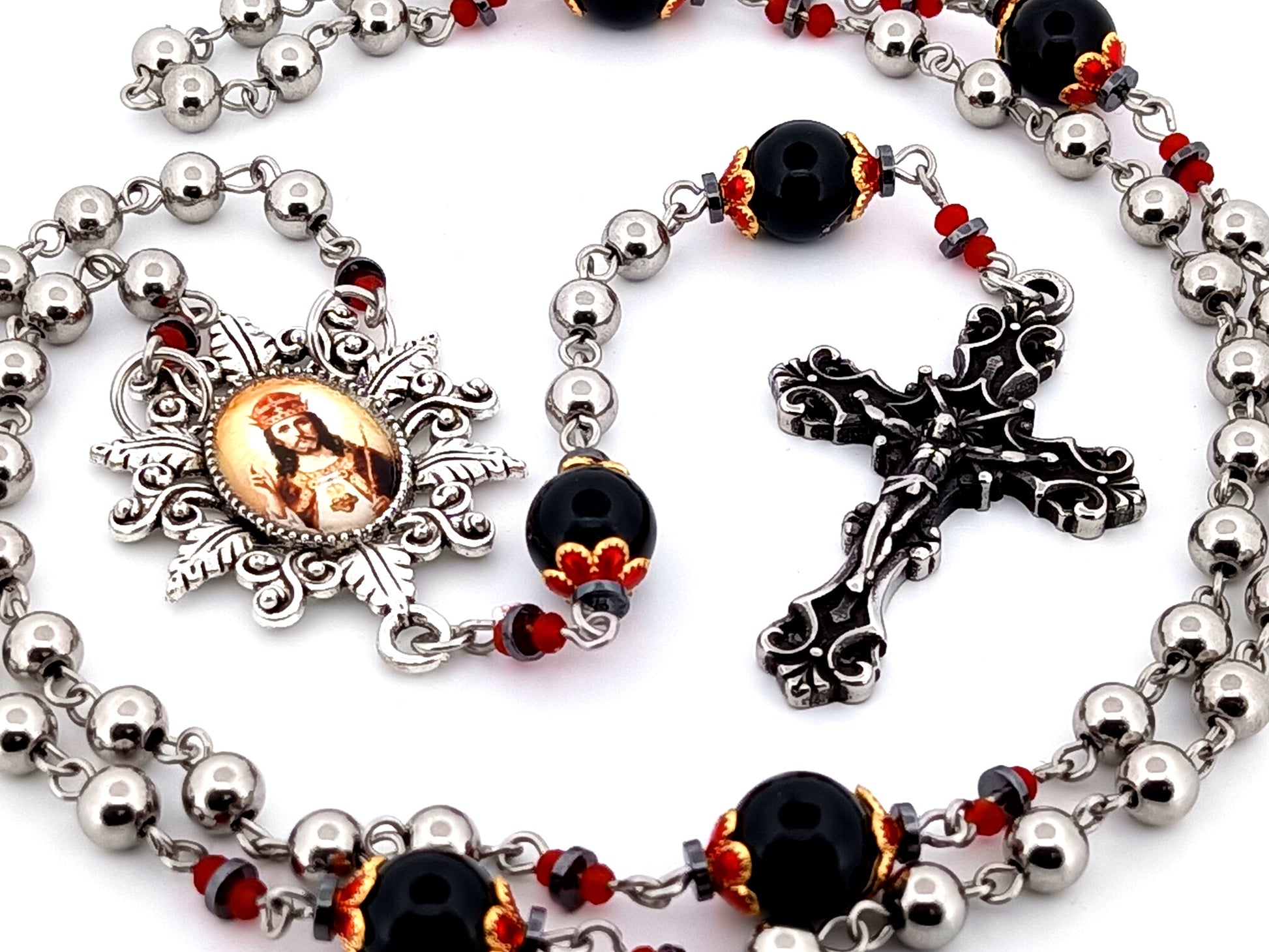 Christ The King unique rosary beads stainless steel and onyx gemstone rosary with stainless steel filigree crucifix.