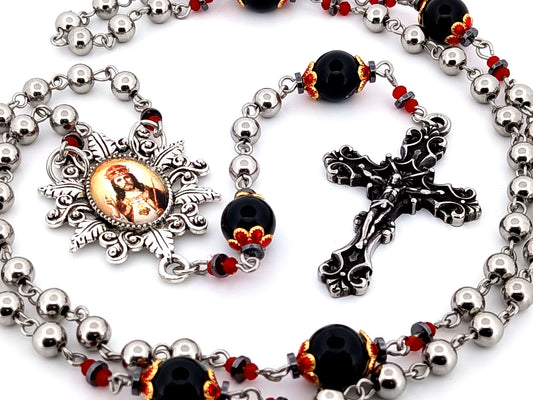 Christ The King unique rosary beads stainless steel and onyx gemstone rosary with stainless steel filigree crucifix.