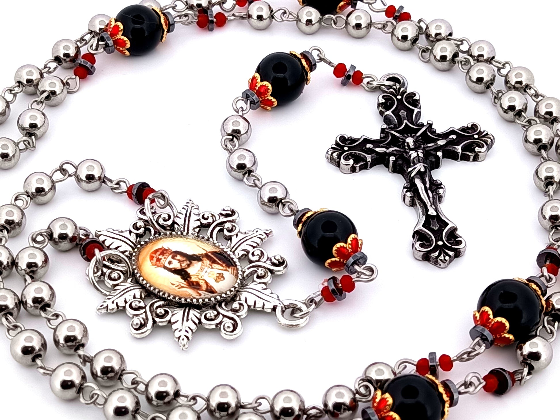Christ The King unique rosary beads stainless steel and onyx gemstone rosary with stainless steel filigree crucifix.