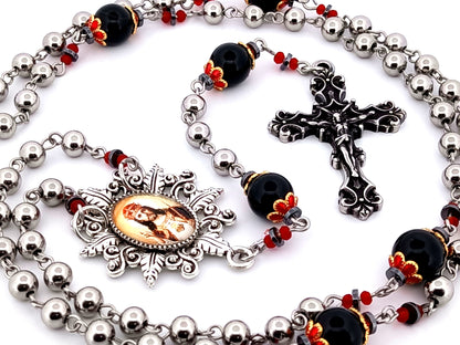Christ The King unique rosary beads stainless steel and onyx gemstone rosary with stainless steel filigree crucifix.