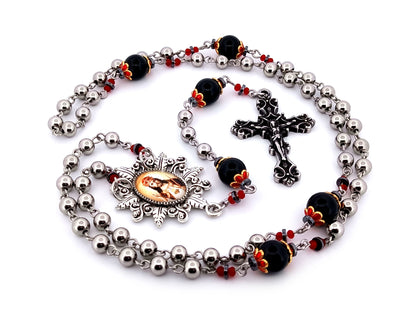 Christ The King unique rosary beads stainless steel and onyx gemstone rosary with stainless steel filigree crucifix.