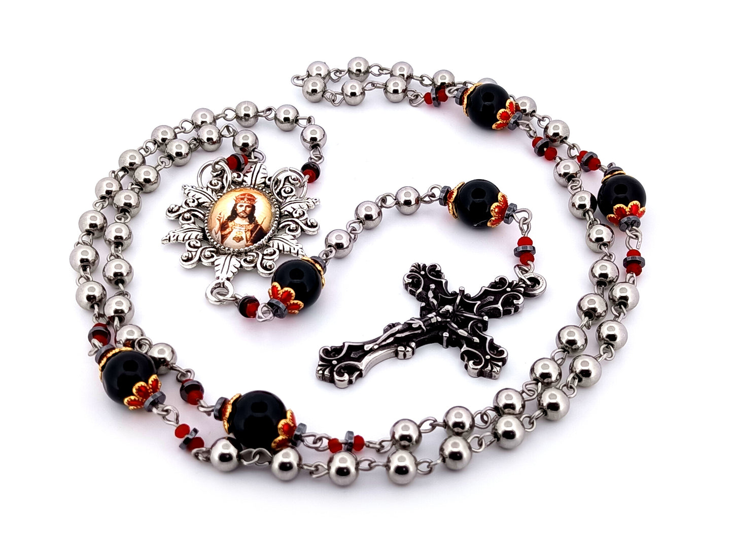 Christ The King unique rosary beads stainless steel and onyx gemstone rosary with stainless steel filigree crucifix.