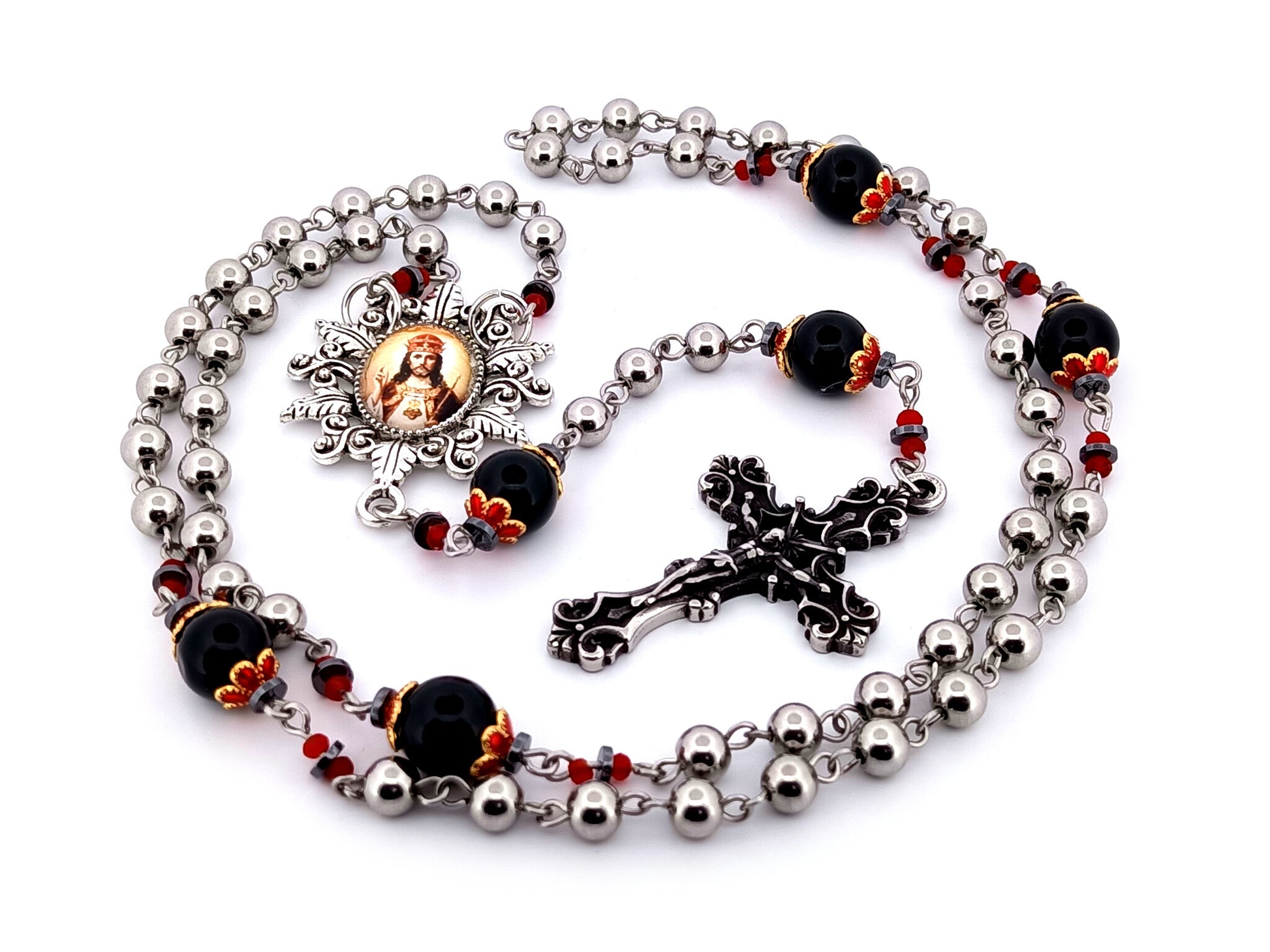 Christ The King unique rosary beads stainless steel and onyx gemstone rosary with stainless steel filigree crucifix.