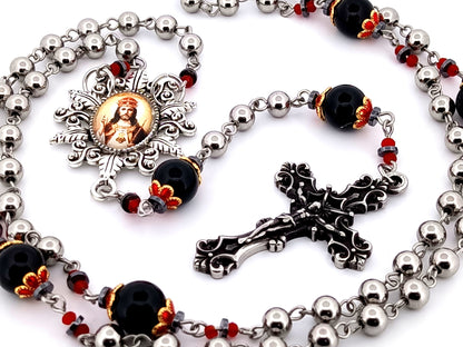 Christ The King unique rosary beads stainless steel and onyx gemstone rosary with stainless steel filigree crucifix.