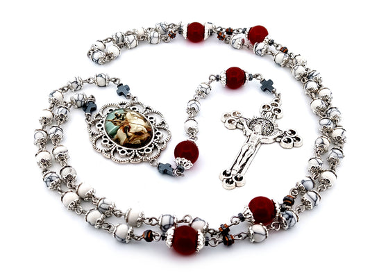 Saint George unique rosary beads howlite gemstone and red glass rosary  with Saint Benedict crucifix.