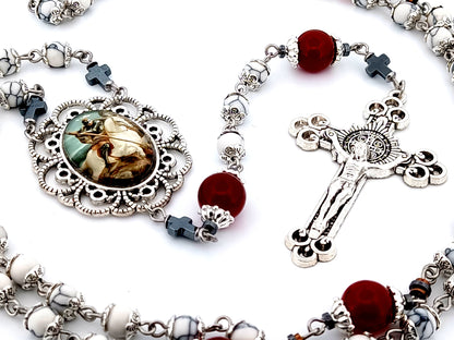Saint George unique rosary beads howlite gemstone and red glass rosary  with Saint Benedict crucifix.