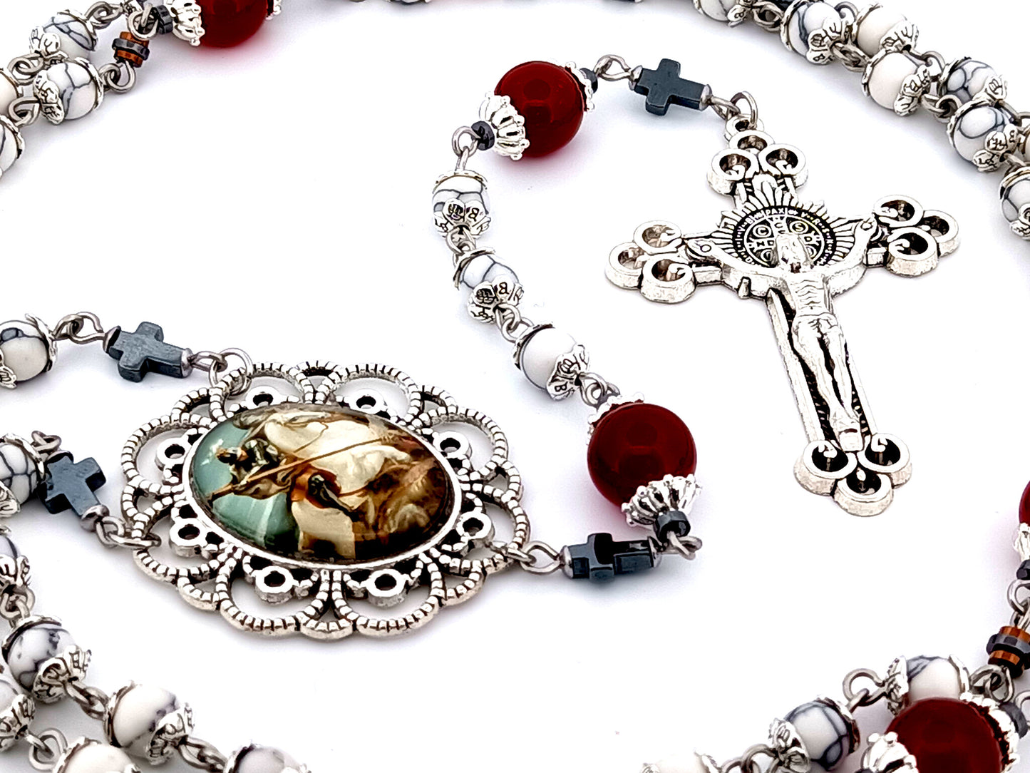 Saint George unique rosary beads howlite gemstone and red glass rosary  with Saint Benedict crucifix.