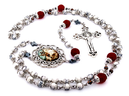Saint George unique rosary beads howlite gemstone and red glass rosary  with Saint Benedict crucifix.