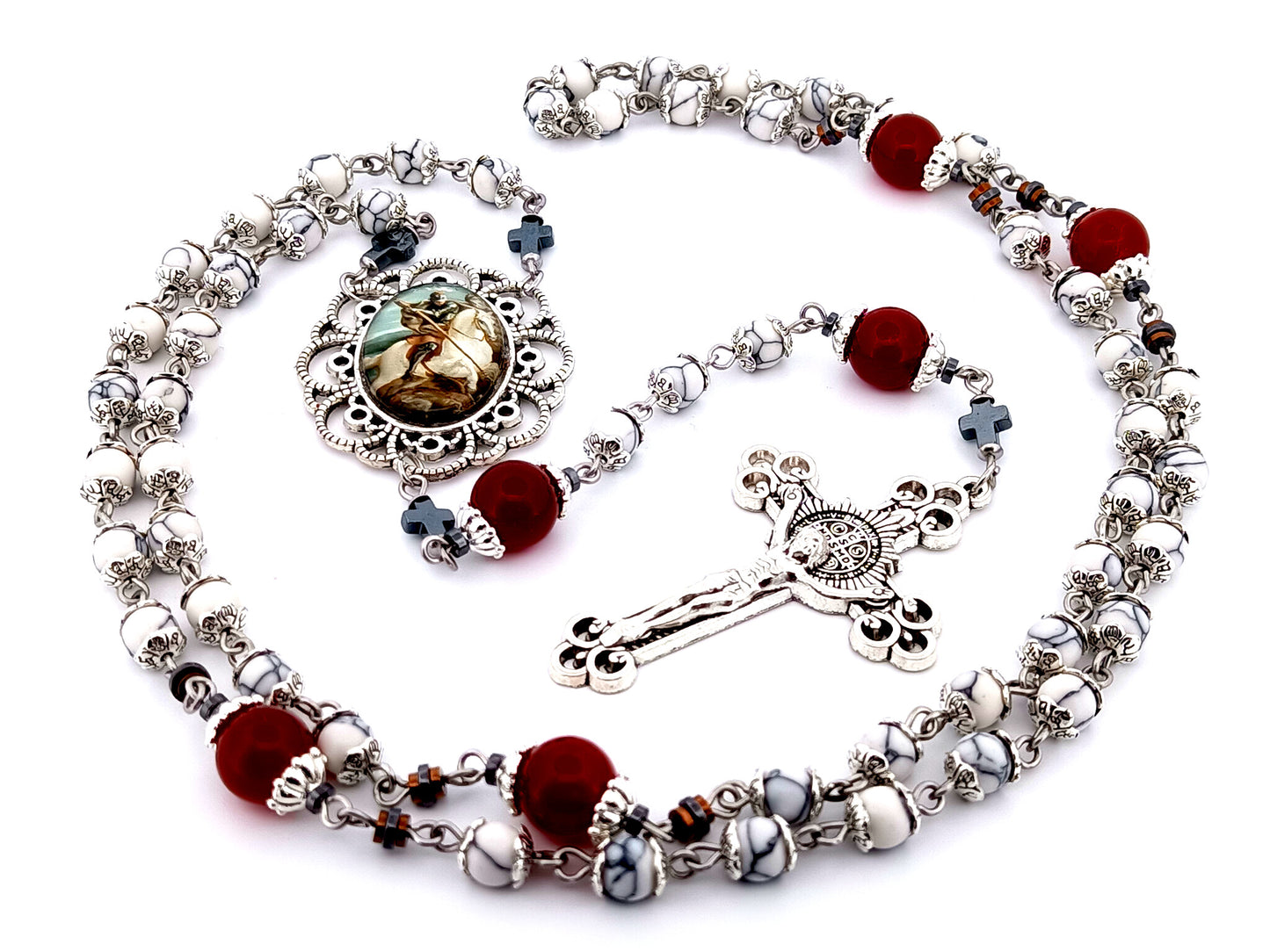 Saint George unique rosary beads howlite gemstone and red glass rosary  with Saint Benedict crucifix.