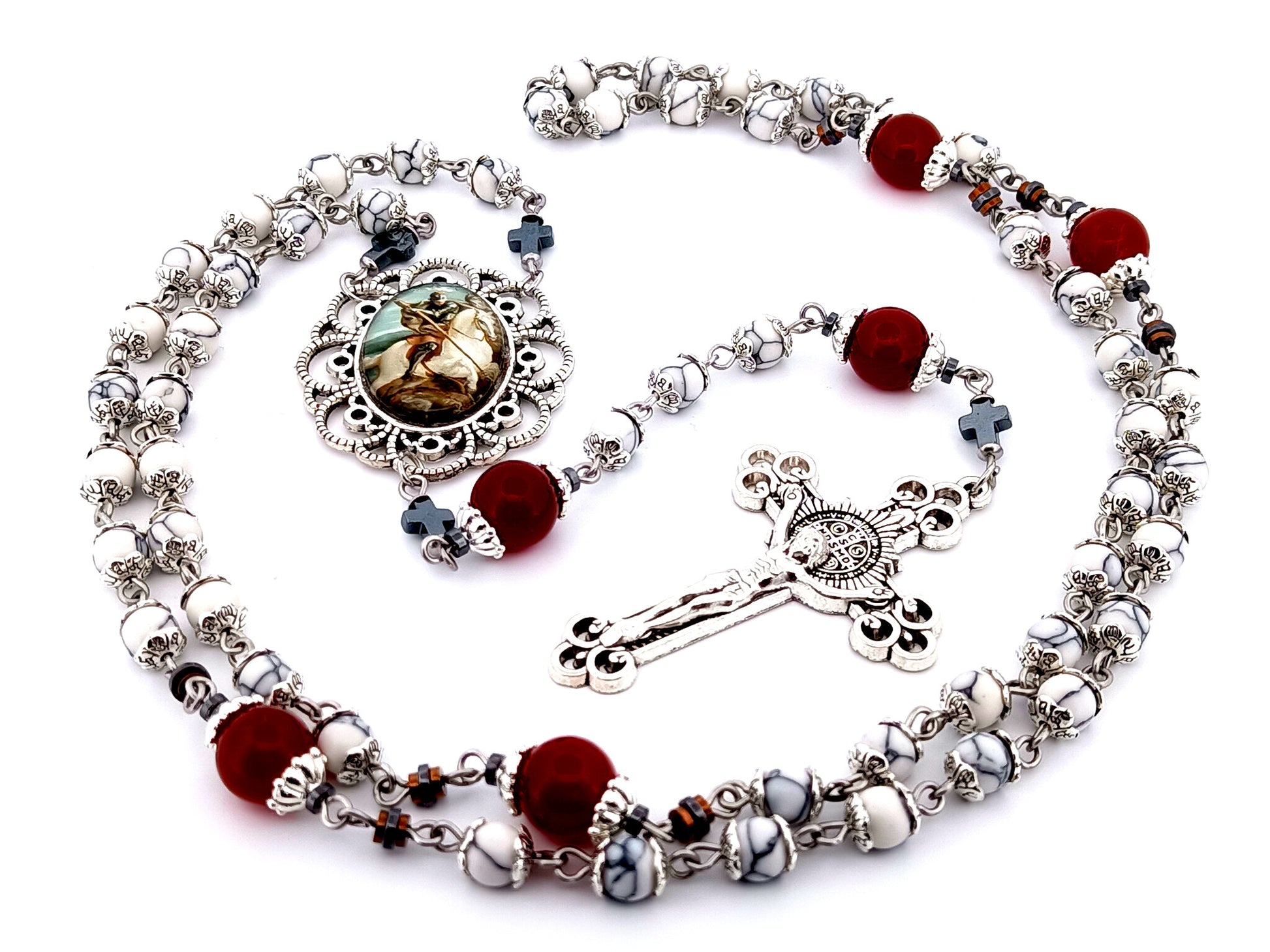 Saint George unique rosary beads howlite gemstone and red glass rosary  with Saint Benedict crucifix.